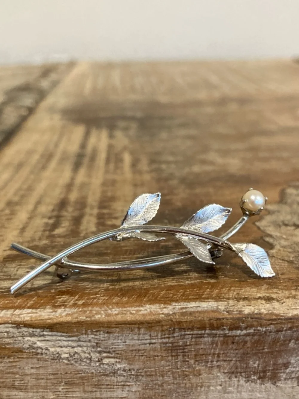 Vintage Sterling Silver Leaf Brooch • C R Co Signed • Pearl Accent